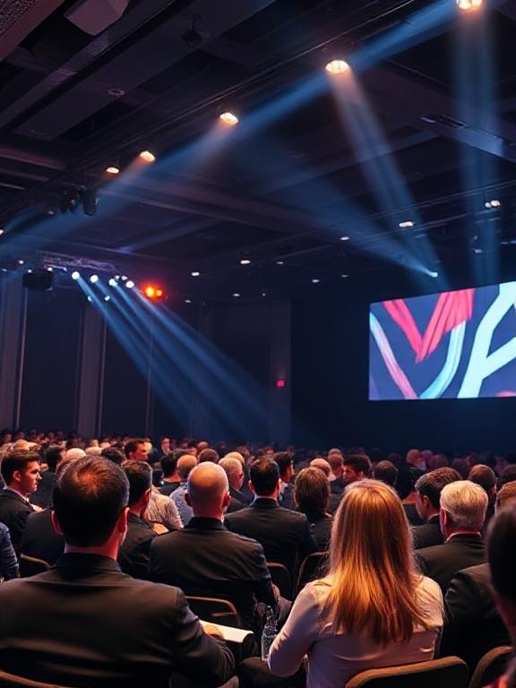 Professional business event stage with dramatic lighting and corporate audience