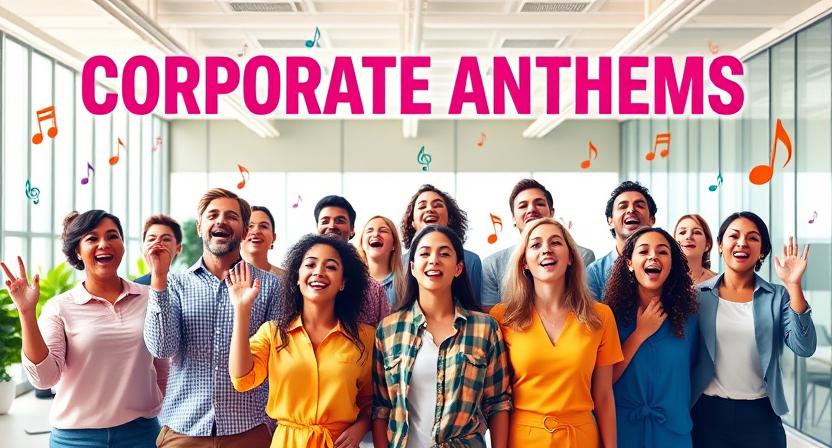 Corporate team celebrating with company anthem