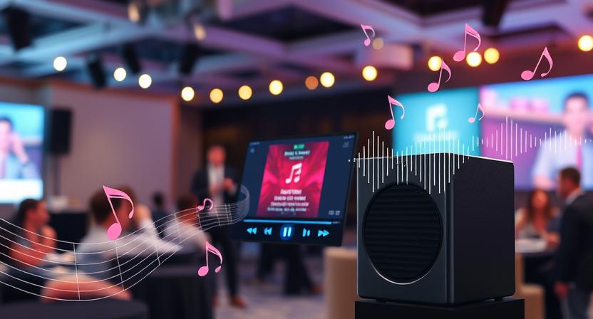 Corporate event stage with professional audio setup