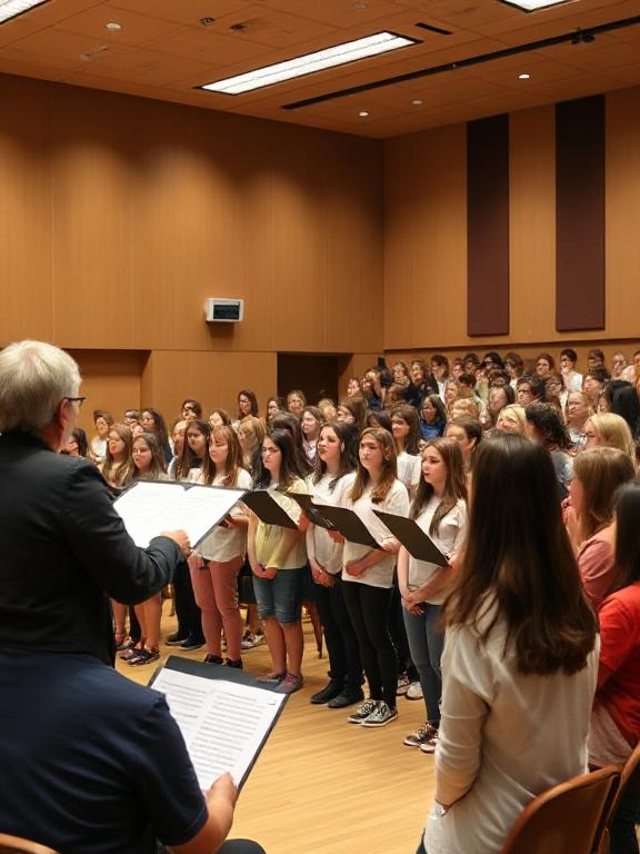 Students singing together in school hall with music teacher conducting