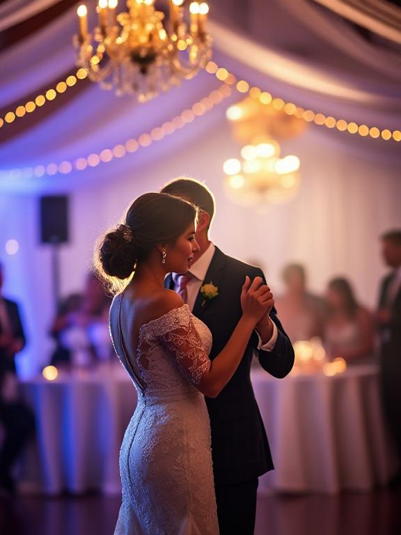Romantic couple dancing at their wedding with soft ambient lighting